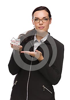 Mixed Race Businesswoman Holding Small House to the Side