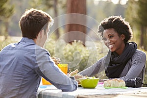 Mixed race couple talking at a picnic table, close up