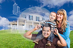 Mixed Race Family with Ghosted House Drawing Behind