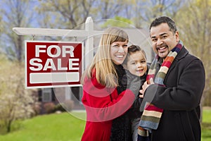 Mixed Race Family, Home and For Sale Real Estate Sign