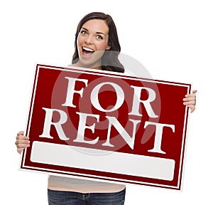 Mixed Race Female Holding For Rent Sign on White