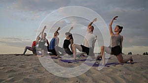 Mixed race group of people exercising yoga healthy lifestyle fitness warrior poses