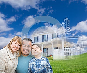 Mixed Race Hispanic and Caucasian Family In Front of Ghosted House Drawing on Grass.