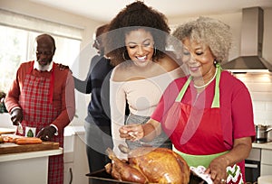 Mixed race senior and young adult family members talking in the kitchen while preparing Christmas dinner together, close up