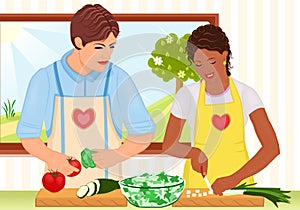 Mixed race young couple cooking fresh salad