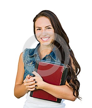 Young Mixed Race Girl Student with School Books Isolated on White