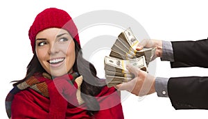 Mixed Race Young Woman Being Handed Thousands of Dollars photo