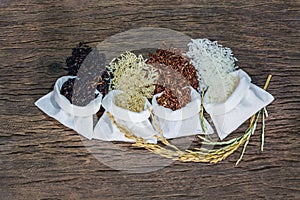 Mixed raw rice, Jasmine rice, Brown rice, Black jasmine rice and Riceberry
