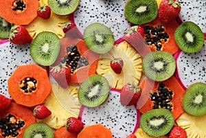 Mixed ripe and fresh fruits and berries close up for background.