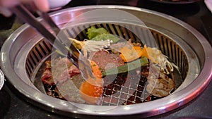 Mixed roasted meat and vegetable barbecue grill.