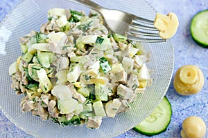 Mixed salad with boiled meat, fresh cucumber and mushrooms