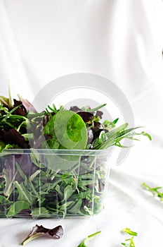 Mixed salad leaves arugula, lettuce, spinach in a plastic container on a light background. Fresh herbs, vitamins.