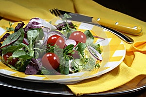 Mixed salad on a yellow plate