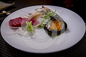Mixed sashimi and sushi at the japanese restaurant