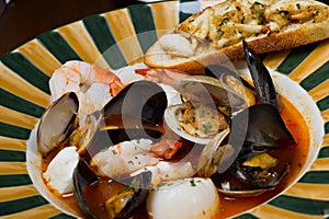Mixed seafood plate served with brushetta