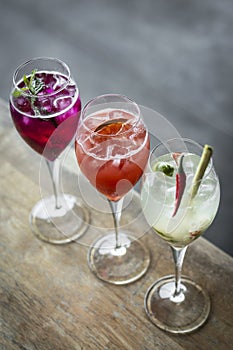 Mixed spritzer wine cocktails selection with fruit in outdoor bar