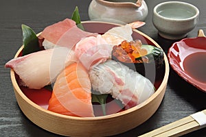 Mixed Sushi Platter with Sake, Japanese Food photo
