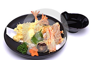 Mixed Tempura prawn squid seabass vegetables , isolated on white