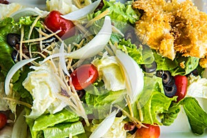 Mixed vegatable salad with honey lemon dressing, poached egg and bacon