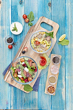 Mixed Vegetable Salads on Blue Wood Background - Mixed Gourmet Food , Mixed Healthy Food - Chicken Salad / Cheese Salad - Green