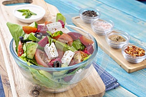 Mixed Vegetable Salads on Blue Wood Background - Mixed Gourmet Food , Mixed Healthy Food - Chicken Salad / Cheese Salad - Green