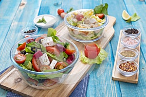 Mixed Vegetable Salads on Blue Wood Background - Mixed Gourmet Food , Mixed Healthy Food - Chicken Salad / Cheese Salad - Green