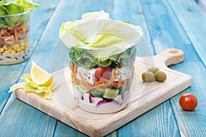 Mixed Vegetable Salads on Blue Wood Board - Mixed Gourmet Food , Mixed Healthy Food - Chicken Salad / Tuna Salad / Cheese Salad -