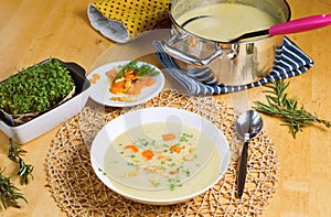 Mixed vegetable soup, pot and bowl with cress.