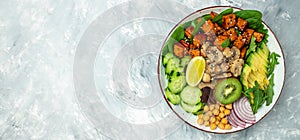 mixed vegetables with crispy fried tofu salad on a light background, Long banner format. top view