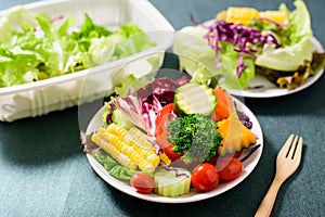 Mixed vegetables salad on white dish ready for eating