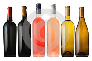 Mixed wine bottles on white