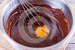 Mixed yolk eggs and chocolate for baking cake or bake.