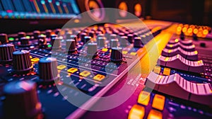 Mixer control. Music engineer. Backstage controls on an audio mixer, Sound mixer. Professional audio mixing console with