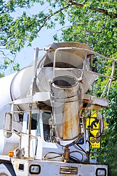 Mixer truck is cement to pouring fresh concrete into a foundation