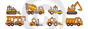 mixer truck, excavator, road roller, dump truck