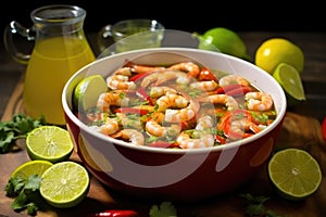 mixing bowl with raw shrimp in chili lime sauce
