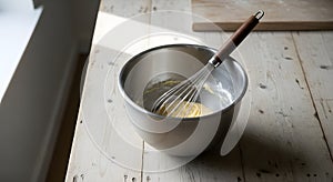 Mixing Bowl With Whisk minimal composition in restaurant prep table