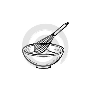 Mixing bowl with wire whisk hand drawn sketch icon