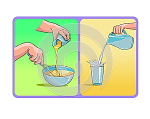 Mixing eggs, batter or milk for pancakes or cake, Pouring milk