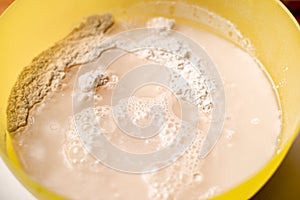 Mixing flour, dry yeast and water. Cooking dough for bread or pizza close-up