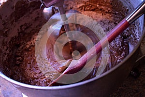 Mixing homemade chocolate cake in stand mixer