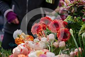 Mixing red and orange bouquet of blooming Gerbera Jamesonii Daisy in front of floral shop.