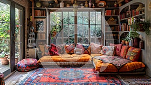 bohemian home decor, mixing vintage rugs, colorful textiles, and handcrafted pieces to create a cozy, bohemian retreat photo