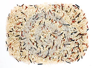 Mixing white, brown, red, wild rice on white background