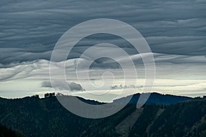 Mixnitz - Strange clouds and view from mount Roethelstein in Styria, Austria. Bushland and Hills