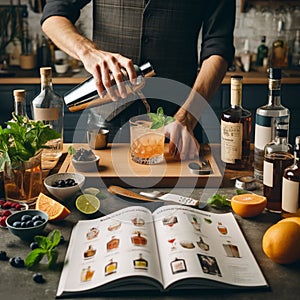 Mixology Mastery: Hands Crafting Cocktails with Recipe Book and Fresh Ingredients