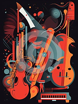 A mixture of abstract guitar, viola saxophone, piano, background image for music studio