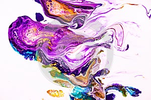 Mixture of acrylic paints. Modern artwork with spots and splashes of color paint. Liquid marble texture. Applicable for