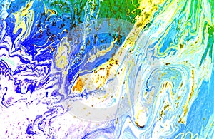 Mixture of acrylic paints. Modern artwork with spots and splashes of color paint. Liquid marble texture. Applicable for. Brush, de