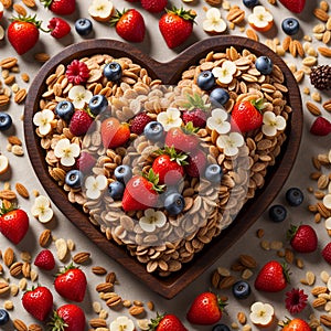 A mixture of berries and cereals. Muesli in a heart-shaped wooden bowl.